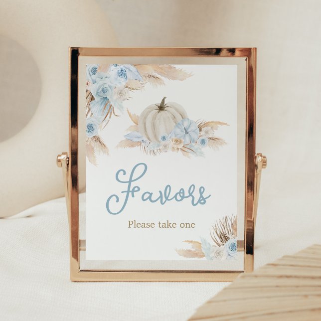 Poster Chá de fraldas Boho Dusty Blue Pumpkin (Boy Little Pumpkin Baby Shower Favors Sign)