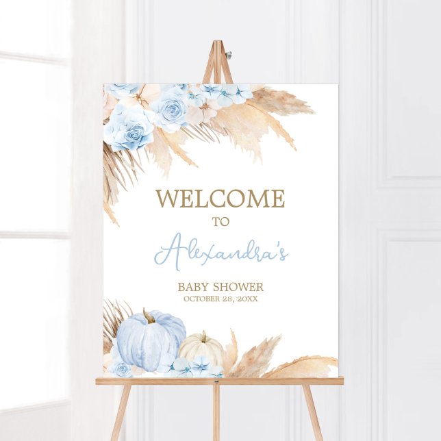 Poster Chá de fraldas Boho Pumpkin Azul Bem-vindo (Boy Little Pumpkin Baby Shower Welcome Sign)