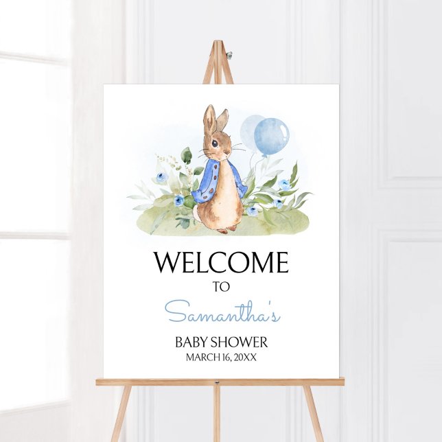 Poster Chá de fraldas Boy Peter Rabbit bem-vindo (Peter Rabbit Balloon Spring Baby Shower Welcome Sign)