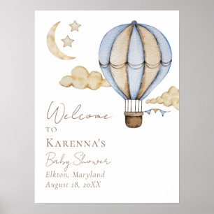 Poster Chá de fraldas Branco Blue Hot Air Balloon Welcome