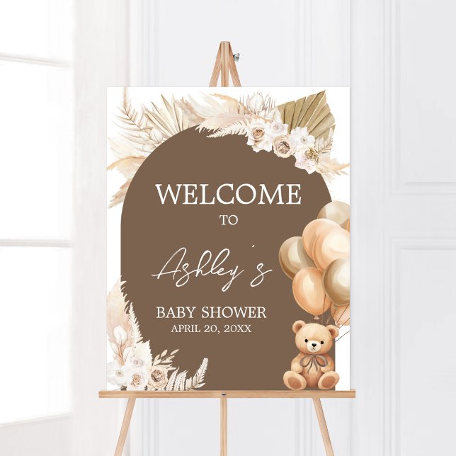 Poster Chá de fraldas Brown Boho Bear Balloon Bem-vindo (Brown Balloons Baby Shower Welcome Sign)