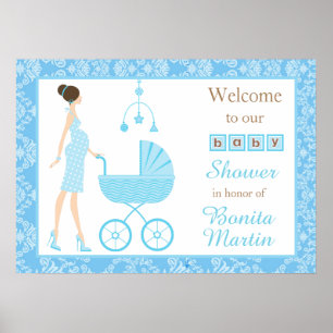 Poster Chá de fraldas Brunette Boy do Damask Azul