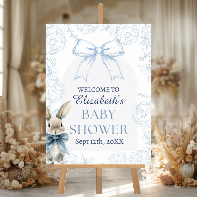 Poster Chá de fraldas Bunny Azul Bem-vindo (Blue Bunny Baby Shower Welcome sign)
