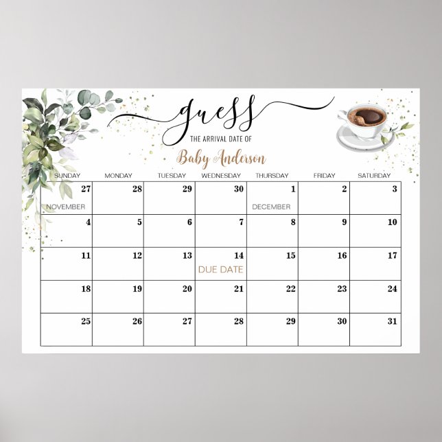 Poster Chá de fraldas Calendário de Data de Vencimento do (Frente)