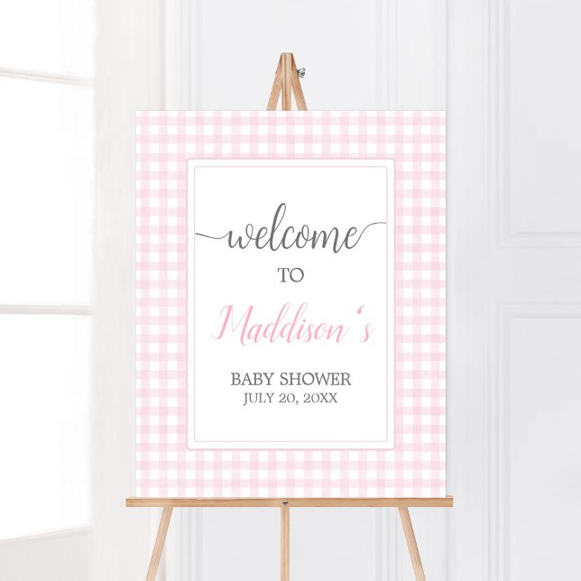 Poster Chá de fraldas Clássico Rosa Gingham Bem-vindo (Girl Gingham Baby Shower Welcome Sign)