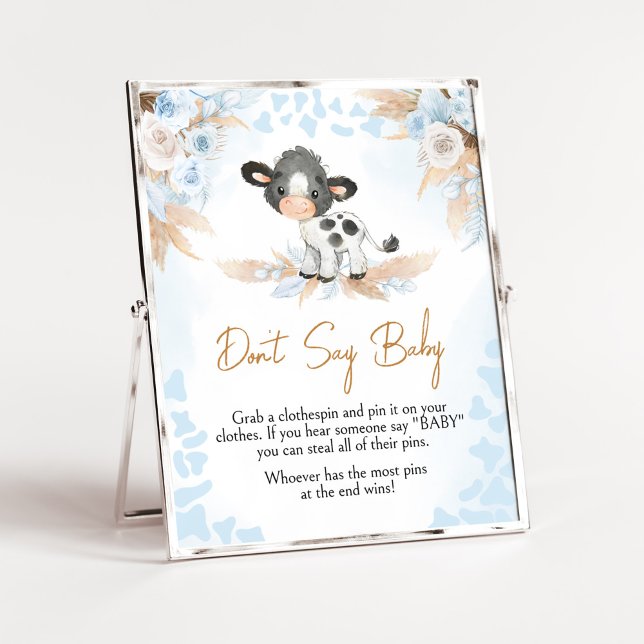 Poster Chá de fraldas da vaca azul não diga amor (Boy Highland Cow Baby Shower Don't Say Baby Sign)