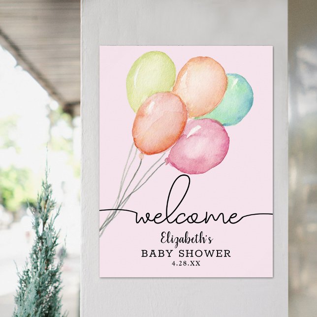Poster Chá de fraldas das Balões de Aquarela Boas-vindas (Watercolor balloons on pink girl baby shower welcome poster, PRINTED and/or INSTANT DOWNLOAD)