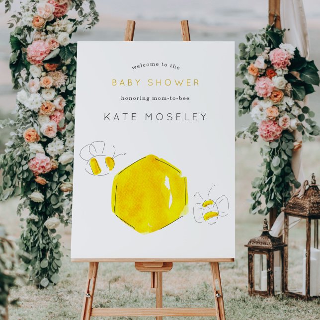 Poster Chá de fraldas de Abelhas de Aquarela Amarela (Watercolor buzzing bees honeycomb Baby Shower welcome poster sign.)