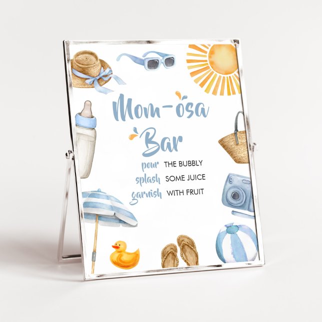 Poster Chá de fraldas de abertura azul Mãe Bar Osa (Boy Summer Beach Baby Shower Mom Osa Bar Sign)