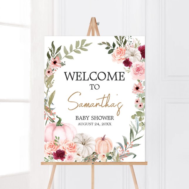 Poster Chá de fraldas de Abóbora das Flores de outono (Autumn Little Pumpkin Baby Shower Welcome Sign)
