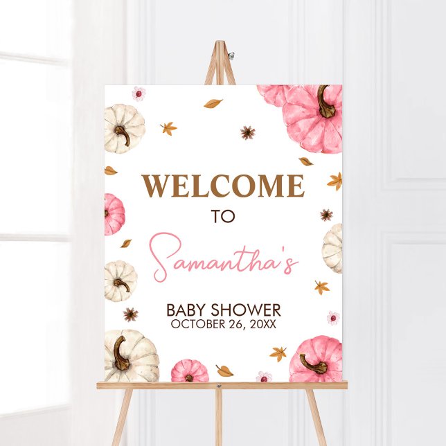 Poster Chá de fraldas de Abóbora Rosa Queda bem-vindo (Girl Fall Pumpkin Baby Shower Welcome Sign)