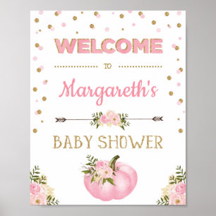 Poster Chá de fraldas de Abóbora Sinal Rosa Floral