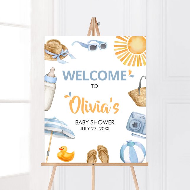 Poster Chá de fraldas de apresentação azul (Boy Summer Beach Baby Shower Welcome Sign)