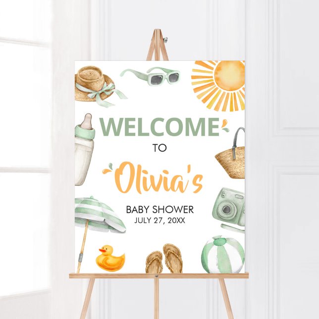 Poster Chá de fraldas de apresentação verde (Summer Baby Bash Baby Shower Welcome Sign)