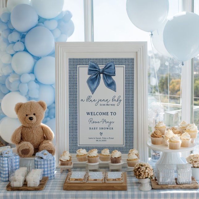 Poster Chá de fraldas de Arco Coquette Jean Gingham (Blue Jean Gingham Coquette Bow Baby Shower Welcome Poster)