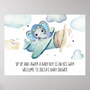 Poster Chá de fraldas De Avião Com Elefante De Aquarela