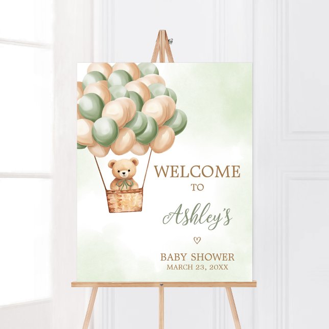 Poster Chá de fraldas de Balão de Ar Quente do Green Bear (Boho Green Bear Baby Shower Welcome Sign)