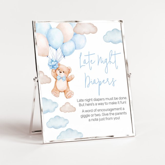 Poster Chá de fraldas de Balão de Urso Azul Fraldas Notur (Blue Baby Bear Balloon Baby Shower Late Night Diapers Sign)