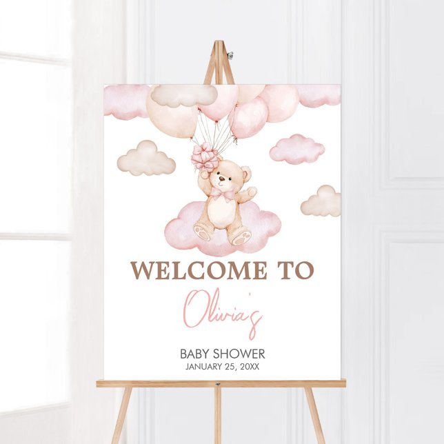 Poster Chá de fraldas de Balão de Urso Bebê Rosa Bem-vind (Pink Baby Bear Balloon Baby Shower Welcome Sign)