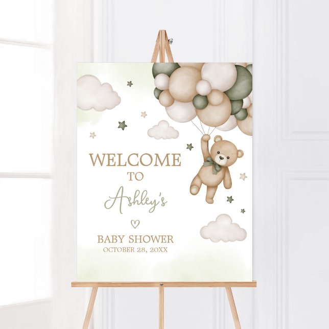 Poster Chá de fraldas de Balão de Urso Verde Bem-vindo (Boho Bear Baby Shower Welcome Sign)