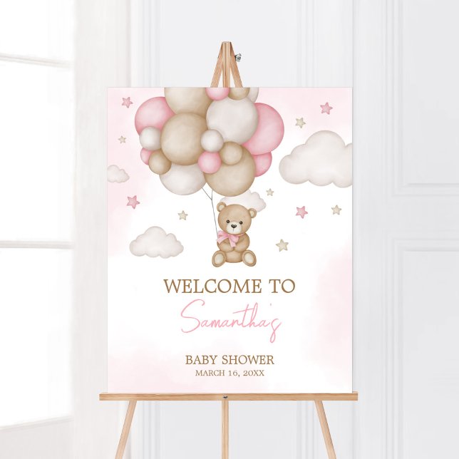 Poster Chá de fraldas de Balões de Urso Menino Bem-vindo (Pink Boho Bear Balloon Baby Shower Welcome Sign)