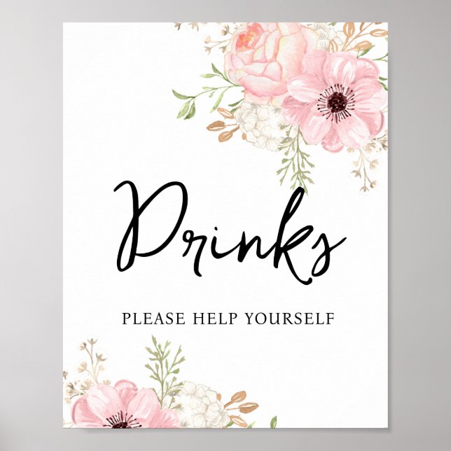 Poster Chá de fraldas de Bebidas Florais Rosa (Frente)