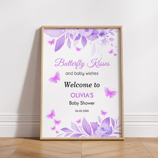 Poster Chá de fraldas de Beijos de Borboleta Roxa Bem-vin (Purple Butterfly Kisses Girl Baby Shower Welcome Sign 
)