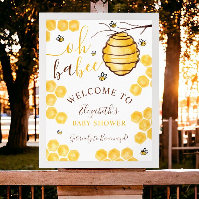 Poster Chá de fraldas de boas-vindas à colmeia (Cute honeycomb beehive welcome baby shower poster)