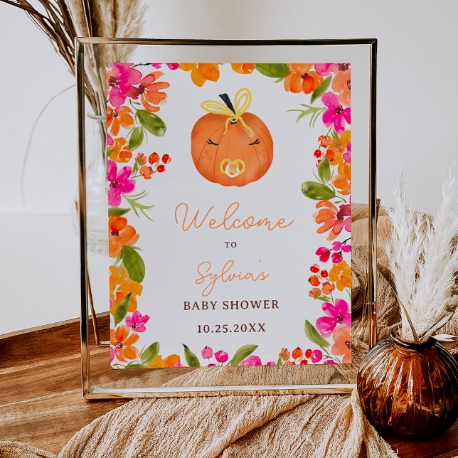 Poster Chá de fraldas de boas-vindas da Floral Fall (Floral Fall little pumpkin welcome baby shower Poster)