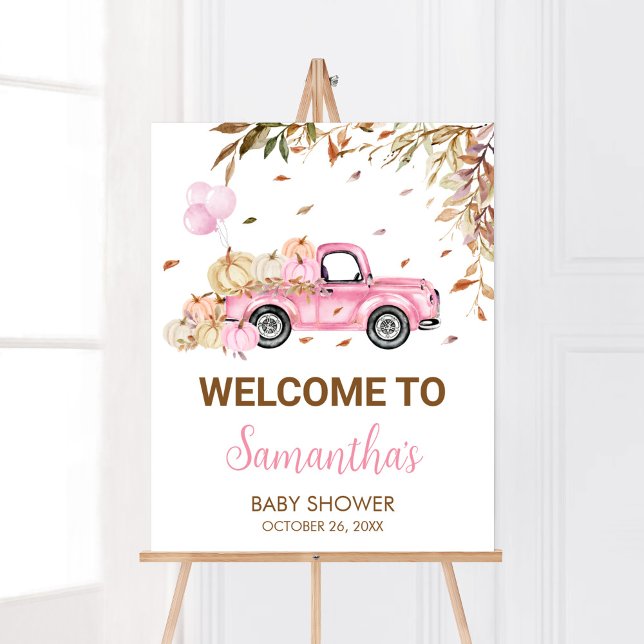 Poster Chá de fraldas de Boas-vindas do Caminhão Rosa Pum (Little Pumpkin Pink Truck Baby Shower Welcome Sign)