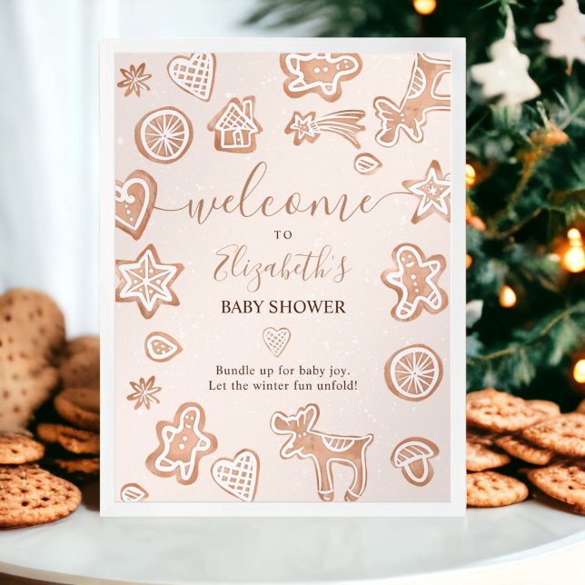 Poster Chá de fraldas de bolachas de boas-vindas no inver (Cute winter Christmas welcome cookie baby shower poster)