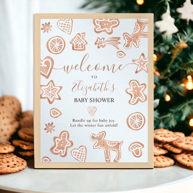Poster Chá de fraldas de bolachas de boas-vindas no inver (Cute winter Christmas welcome cookie baby shower Poster)