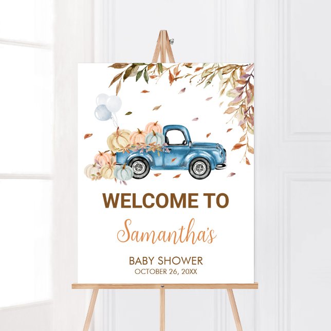 Poster Chá de fraldas de Bomba Azul (Boy Little Pumpkin Truck Baby Shower Welcome Sign)