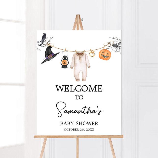 Poster Chá de fraldas de Boo Halloween bem-vindo (Halloween Baby Clothes Baby Shower Welcome Sign)