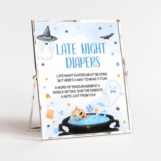 Poster Chá de fraldas de Boo-y Halloween Fraldas noturnas (Blue Oh Sheet Baby Shower Late Night Diapers Sign)
