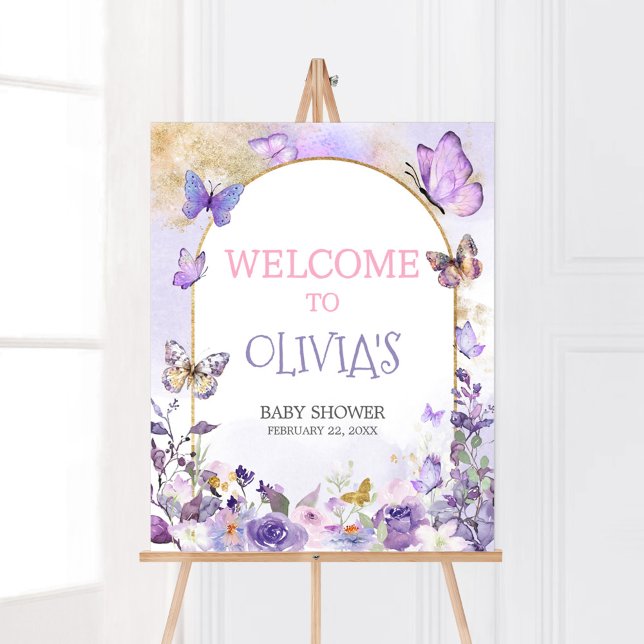 Poster Chá de fraldas de borboleta Floral Encantada Bem-v (Enchanted Floral Butterfly Arch Baby Shower Welcome Sign)
