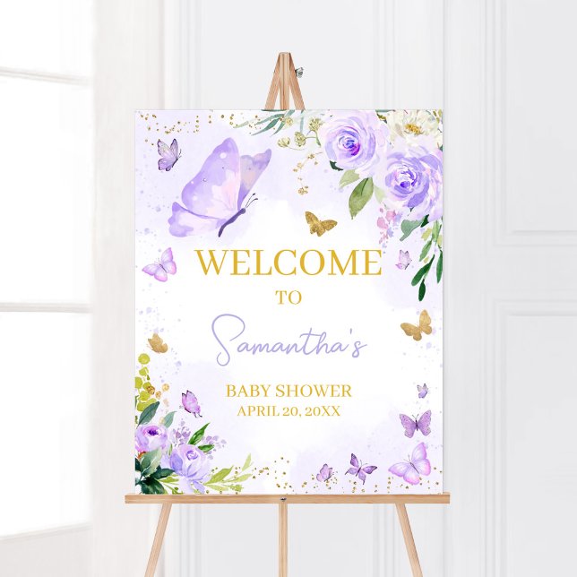 Poster Chá de fraldas de borboleta roxa bem-vindo (Girl Floral Butterfly Baby Shower Welcome Sign)