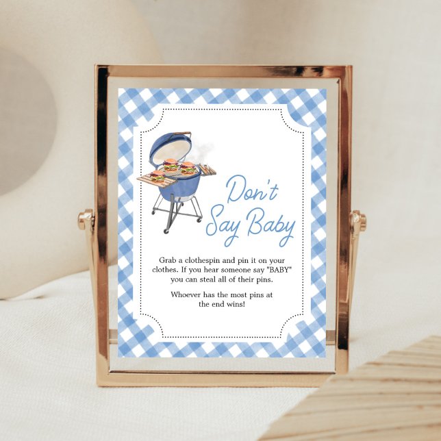 Poster Chá de fraldas de Burger Azul Não Diga Bebê (Boy Backyard BBQ Baby Shower Don't Say Baby Sign)