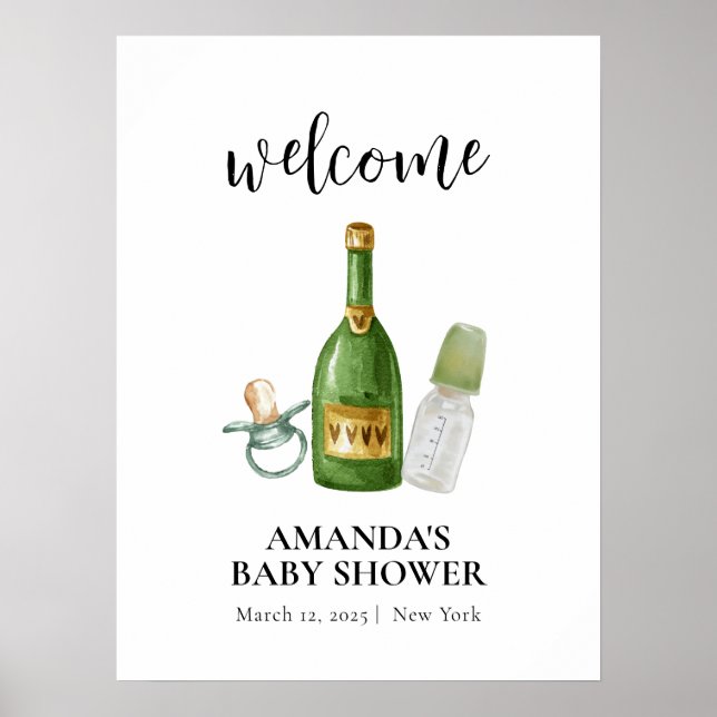 Poster Chá de fraldas de champanhe mínimo verde bem-vindo (Frente)