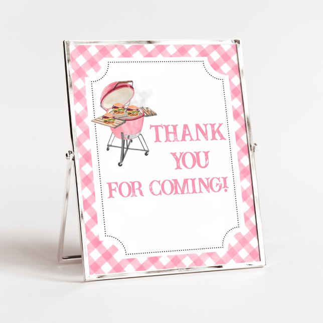 Poster Chá de fraldas de CHURRASCO de Burger Rosa Obrigad (Girl Backyard BBQ Baby Shower Thank You for Coming Sign)