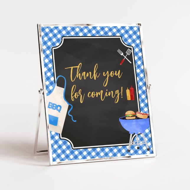 Poster Chá de fraldas de CHURRASCO Gingham Azul Obrigado  (Boy Baby-Q Baby Shower Thank you for Coming Sign)