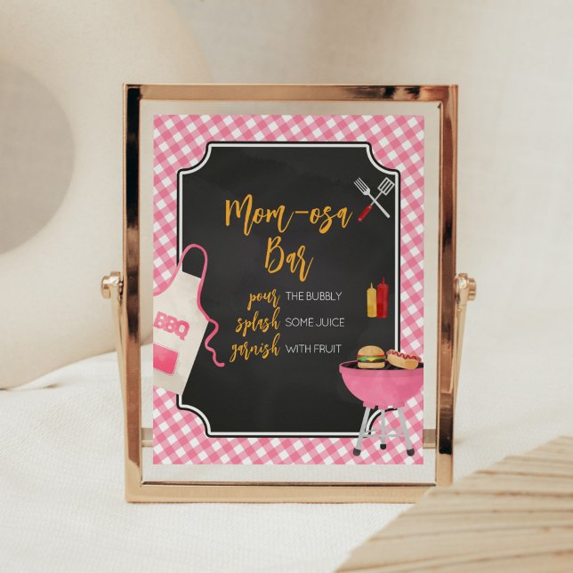 Poster Chá de fraldas de CHURRASCO Gingham Rosa Mãe Bar O (Girl Baby-Q Baby Shower Mom Osa Bar Sign)