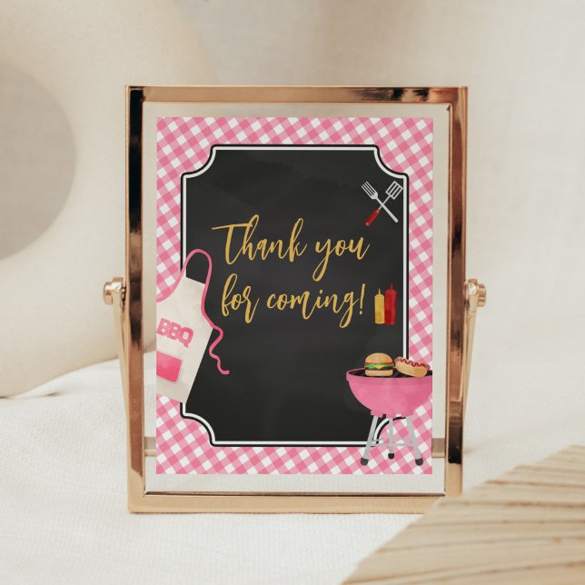 Poster Chá de fraldas de CHURRASCO Gingham rosa Obrigado  (Girl Baby-Q Baby Shower thank you for Coming Sign)