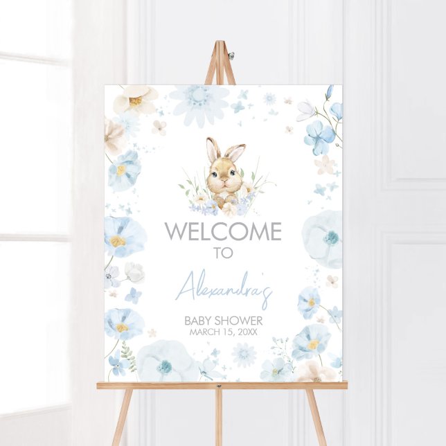 Poster Chá de fraldas de coelho azul bem-vindo (Blue Rabbit Somebunny Baby Shower Welcome Sign)