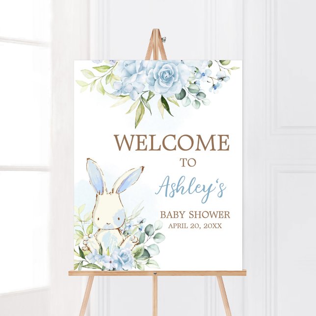 Poster Chá de fraldas de coelho azul floral bem-vindo (A Little Bunny Boy Baby Shower Welcome Sign)