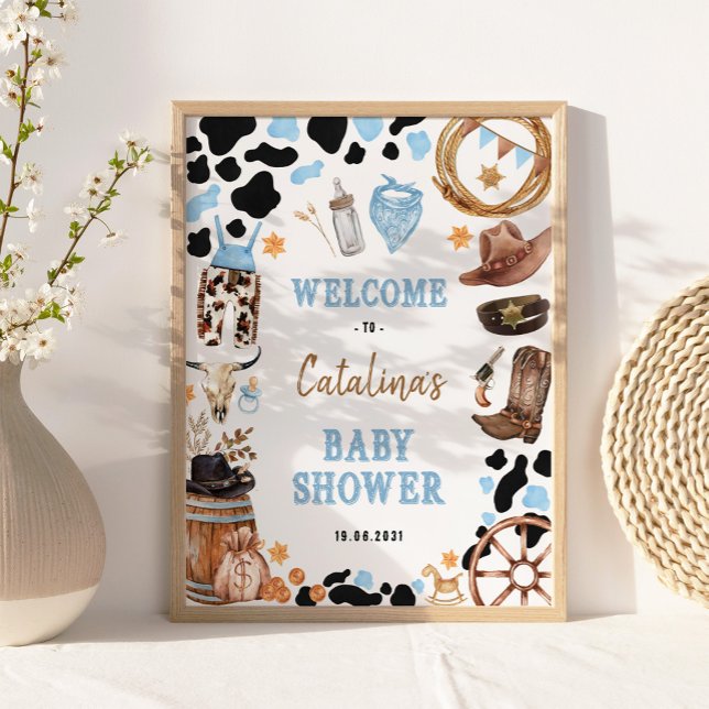 Poster Chá de fraldas de cowboy ocidental azul Rodeo Bem- (Criador carregado)