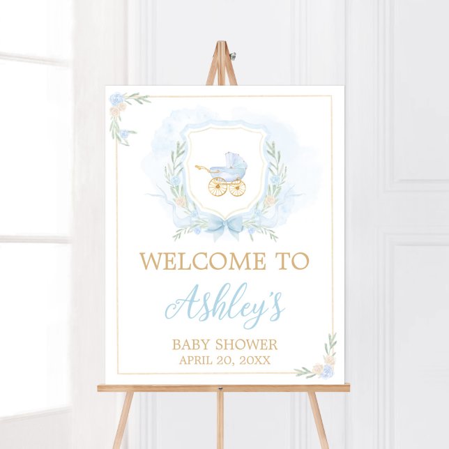Poster Chá de fraldas de Crest Azul (Blue Gold Carriage Crest Baby Shower Welcome Sign)
