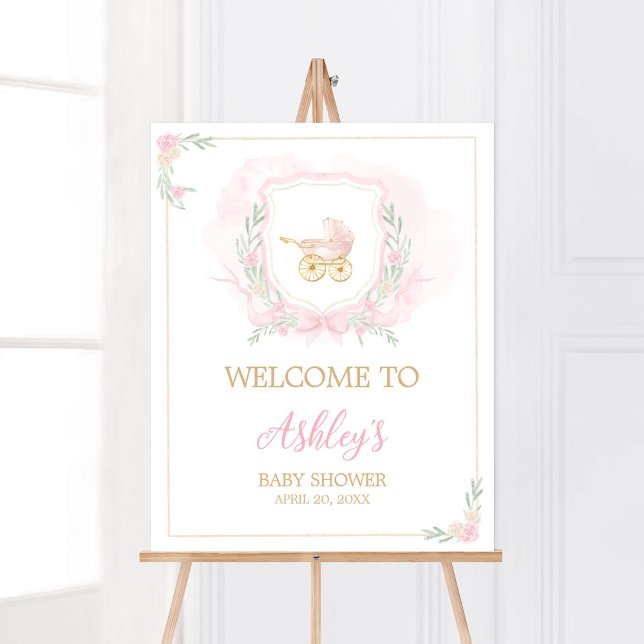 Poster Chá de fraldas de Crest de Watercolor Rosa Bem-vin (Pink Gold Carriage Crest Baby Shower Welcome Sign)