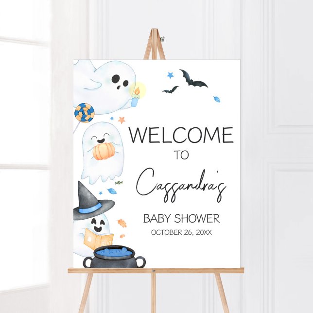 Poster Chá de fraldas de Dia das Bruxas Azul (Blue Little Boo Baby Shower Welcome Sign)