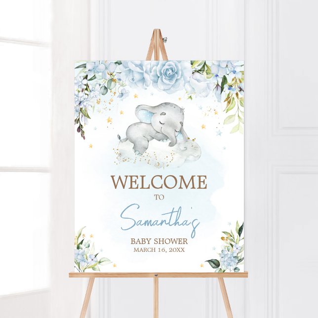 Poster Chá de fraldas de Elefante Floral Azul Bem-vindo (Blue Floral Sleeping Elephant Baby Shower Welcome Sign)
